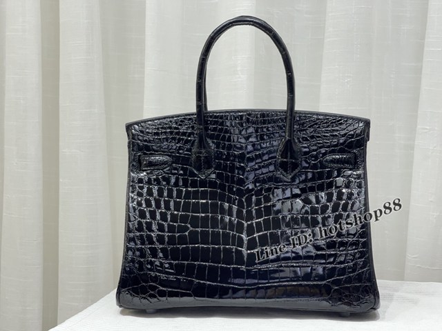 Hermes專櫃鉑金手提女包 愛馬仕Birkin30黑色高光尼羅鱷魚肚皮蜜蠟線全手工縫製手袋 zhh1090